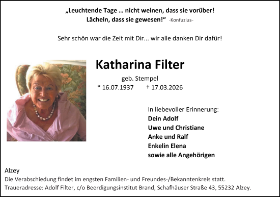 Traueranzeige von Katharina Filter von Allgemeine Zeitung Alzey