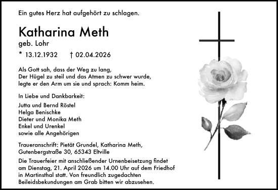 Traueranzeige von Katharina Meth von Rheingau Kurier