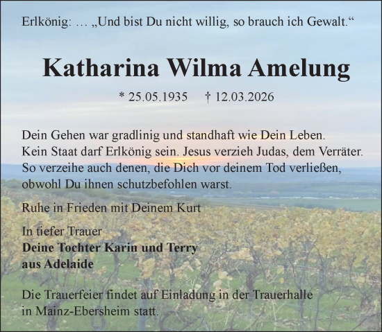 Traueranzeige von Katharina Wilma Amelung von Allgemeine Zeitung Mainz