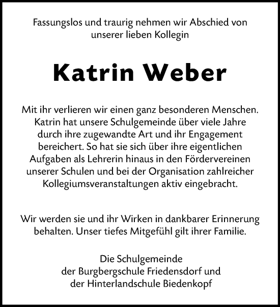 Traueranzeige von Katrin Weber von Hinterländer Anzeiger