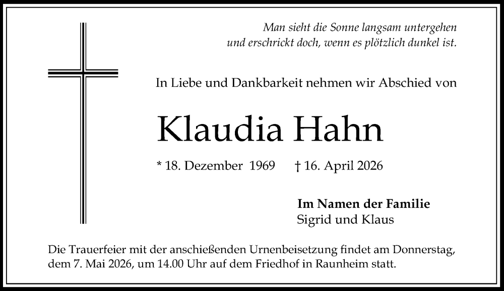  Traueranzeige für Klaudia Hahn vom 25.04.2026 aus Rüsselsheimer Echo