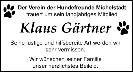 Traueranzeige von Klaus Gärtner von Odenwälder Echo