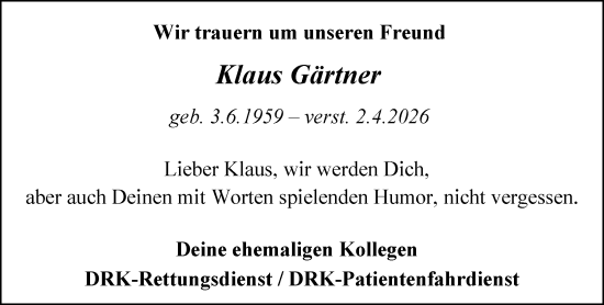 Traueranzeige von Klaus Gärtner von Odenwälder Echo