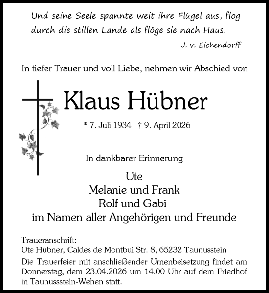 Traueranzeige von Klaus Hübner von Wiesbadener Kurier