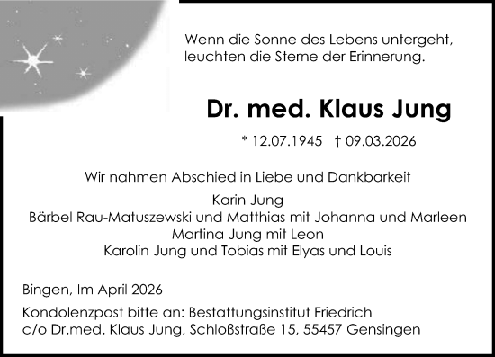 Traueranzeige von Klaus Jung von Binger-/Ingelheimer Wochenblatt