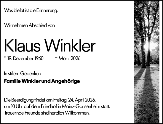 Traueranzeige von Klaus Winkler von Allgemeine Zeitung Mainz