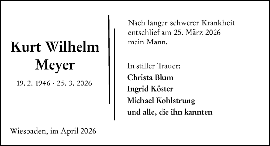 Traueranzeige von Kurt Wilhelm Meyer von Wiesbadener Kurier
