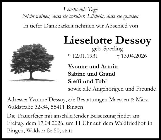 Traueranzeige von Lieselotte Dessoy von Allgemeine Zeitung Rheinhessen-Nahe