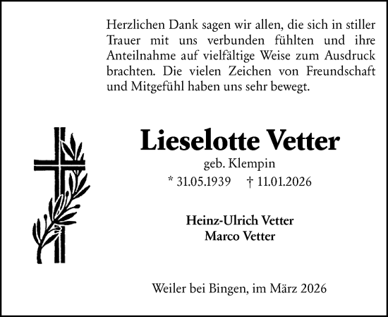 Traueranzeige von Lieselotte Vetter von Allgemeine Zeitung Rheinhessen-Nahe