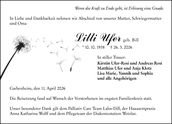 Traueranzeige von Lilli Ufer von Wetzlarer Neue Zeitung
