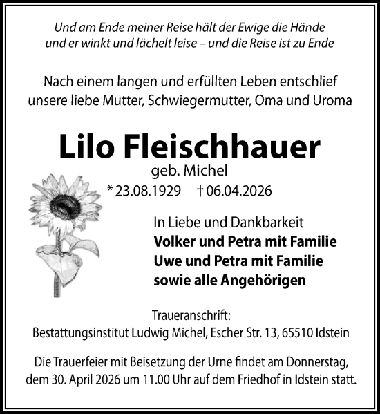 Traueranzeige von Lilo Fleischhauer von Idsteiner Land/Untertaunus