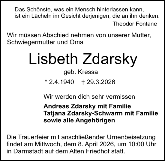 Traueranzeige von Lisbeth Zdarsky von Darmstädter Echo