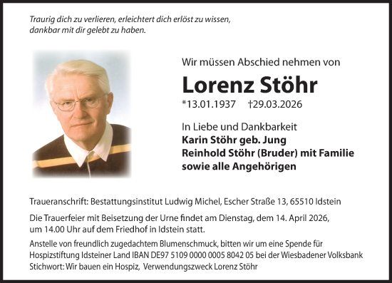Traueranzeige von Lorenz Stöhr von Idsteiner Land/Untertaunus