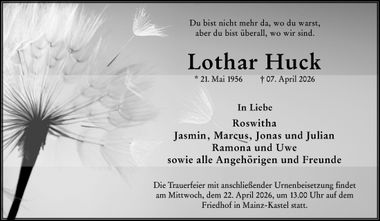 Traueranzeige von Lothar Huck von Wiesbadener Kurier