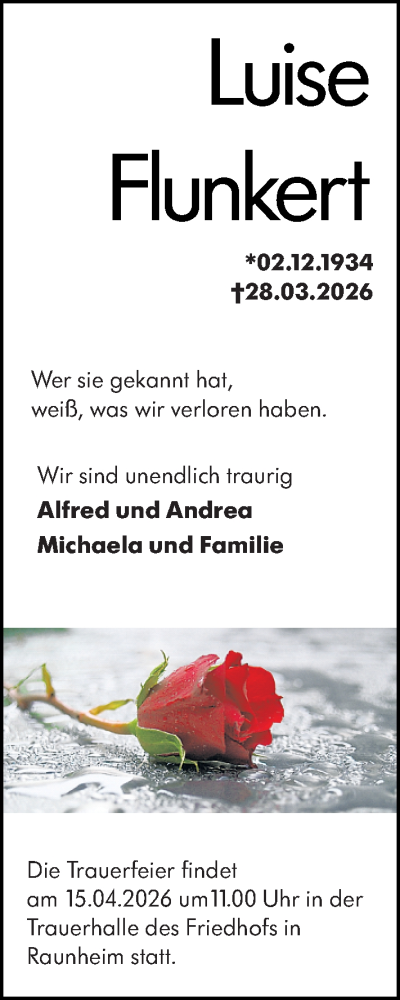 Traueranzeige von Luise Flunkert von Rüsselsheimer Echo