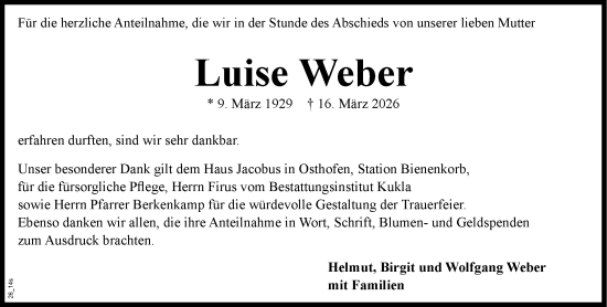 Traueranzeige von Luise Weber von Wormser Zeitung