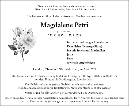 Traueranzeige von Magdalene Petri von Wetzlarer Neue Zeitung