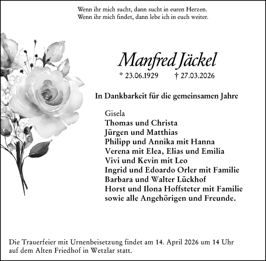 Traueranzeige von Manfred Jäckel von Wetzlarer Neue Zeitung