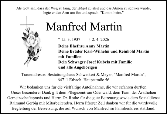 Traueranzeige von Manfred Martin von Odenwälder Echo