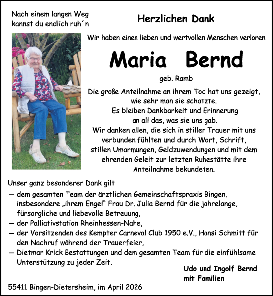 Traueranzeige von Maria Bernd von Binger-/Ingelheimer Wochenblatt