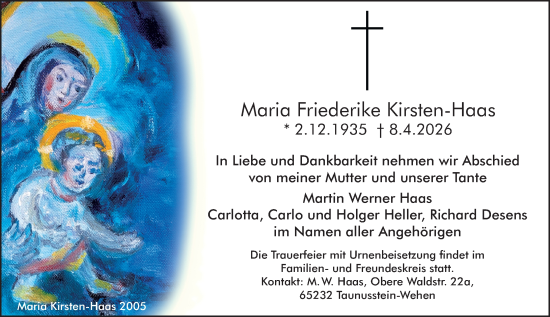 Traueranzeige von Maria Friederike Kirsten-Haas von Wiesbadener Kurier