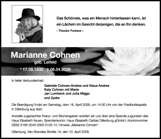 Traueranzeige von Marianne Cohnen von Dill Block