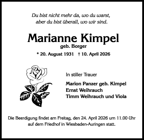 Traueranzeige von Marianne Kimpel von Wiesbadener Kurier