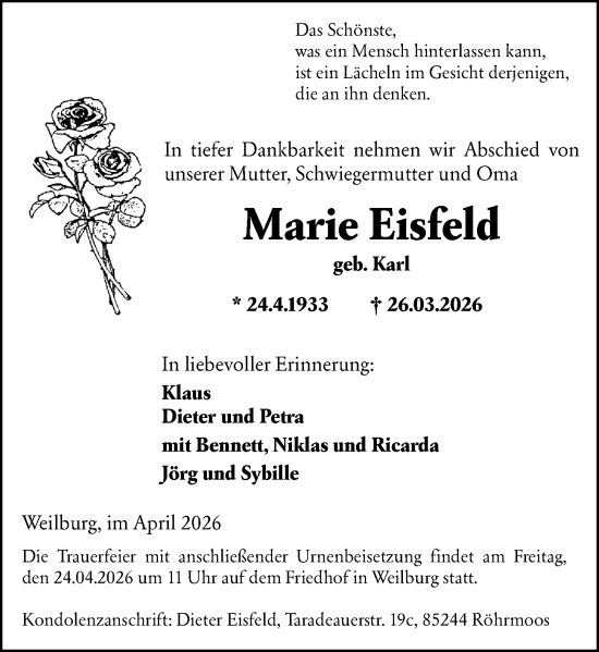 Traueranzeige von Marie Eisfeld von Weilburger Tageblatt