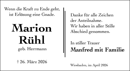 Traueranzeige von Marion Rühl von Wiesbadener Kurier