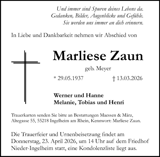 Traueranzeige von Marliese Zaun von Allgemeine Zeitung Rheinhessen-Nahe