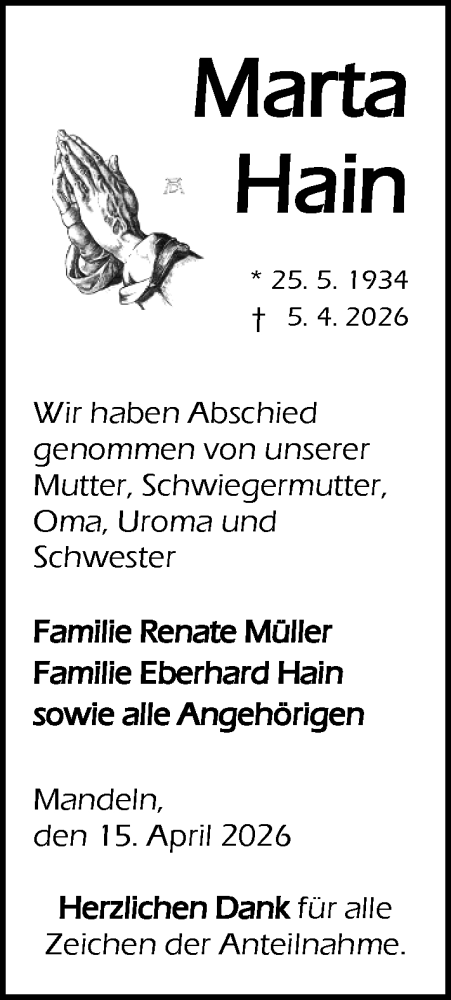 Traueranzeige von Marta Hain von Dill Block