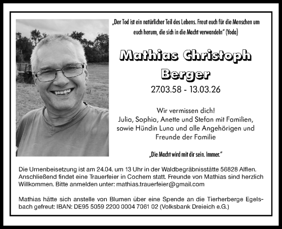 Traueranzeige von Mathias Christoph Berger von Darmstädter Echo