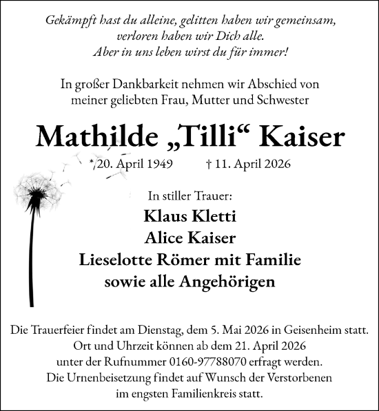 Traueranzeige von Mathilde Kaiser von Wiesbadener Kurier