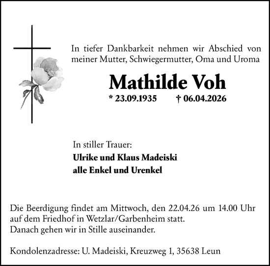 Traueranzeige von Mathilde Voh von Wetzlarer Neue Zeitung