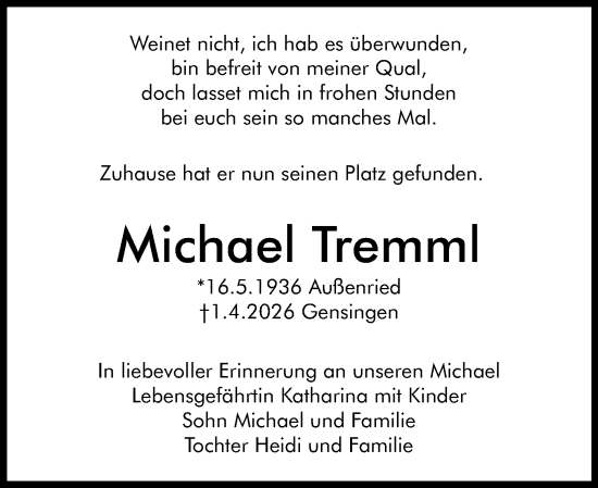 Traueranzeige von Michael Tremml von Allgemeine Zeitung Rheinhessen-Nahe