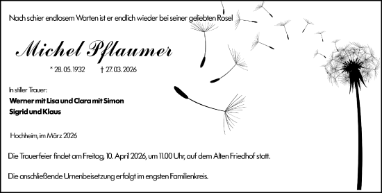 Traueranzeige von Michel Pflaumer von Hochheimer Zeitung