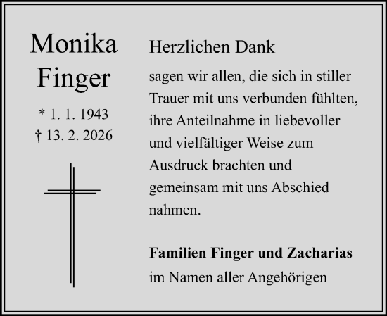 Traueranzeige von Monika Finger von Odenwälder Echo