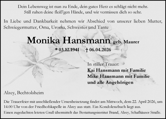 Traueranzeige von Monika Hansmann von Allgemeine Zeitung Alzey