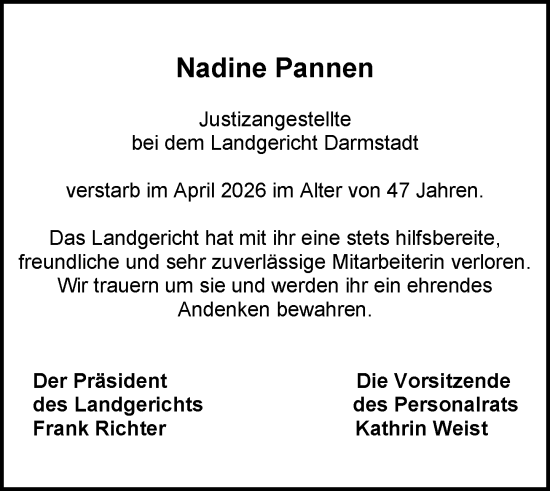Traueranzeige von Nadine Pannen von Darmstädter Echo