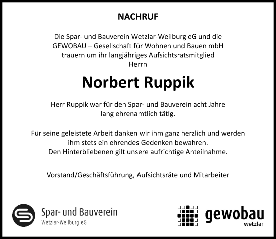 Traueranzeige von Norbert Ruppik von Weilburger Tageblatt