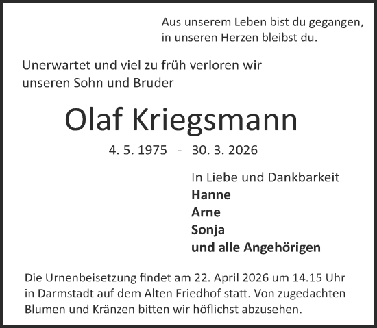 Traueranzeige von Olaf Kriegsmann von Darmstädter Echo