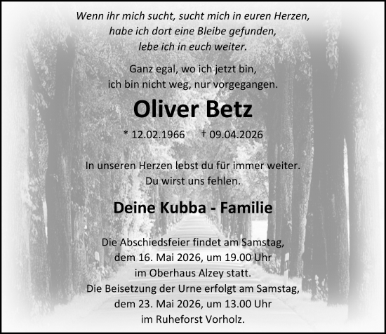 Traueranzeige von Oliver Betz von Allgemeine Zeitung Alzey