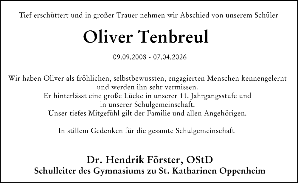  Traueranzeige für Oliver Tenbreul vom 18.04.2026 aus Allgemeine Zeitung Mainz