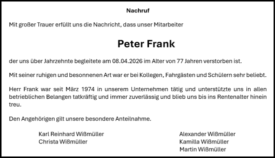 Traueranzeige von Peter Frank von Odenwälder Echo