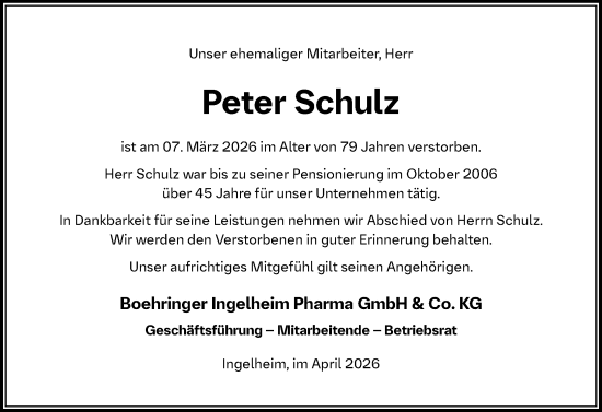 Traueranzeige von Peter Schulz von Allgemeine Zeitung Rheinhessen-Nahe