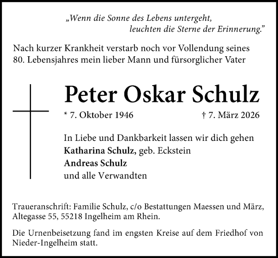 Traueranzeige von Peter Oskar Schulz von Allgemeine Zeitung Rheinhessen-Nahe