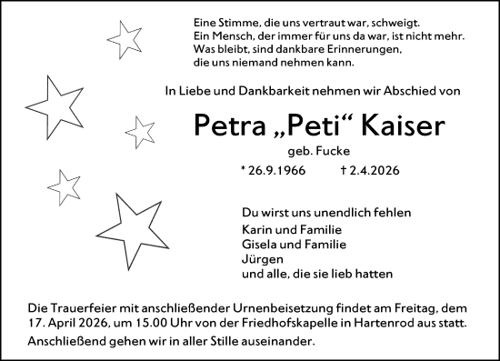 Traueranzeige von Petra Kaiser von Hinterländer Anzeiger