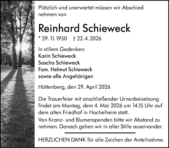 Traueranzeige von Reinhard Schieweck von Wetzlarer Neue Zeitung