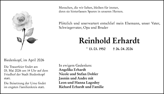 Traueranzeige von Reinhold Erhardt von Hinterländer Anzeiger