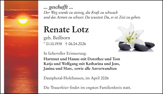Traueranzeige von Renate Lotz von Hinterländer Anzeiger